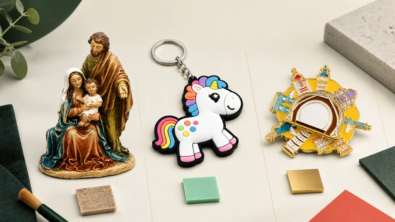 Comparison of polyresin soft PVC and metal for custom souvenirs